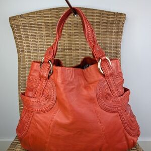 Junior Drake Orange Leather Shoulder Bag Braided Stud Detail Silver Hardware